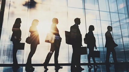 Canvas Print - Silhouettes of business professionals standing in an office building.