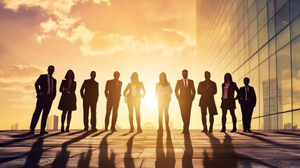 Sticker - Silhouettes of a diverse group of business professionals stand together in front of an office building at sunset.