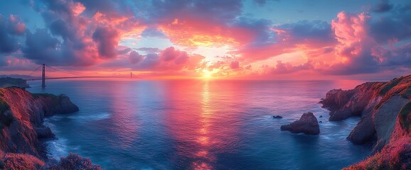 Wall Mural - Dramatic sunset over the ocean with a bridge in the distance.