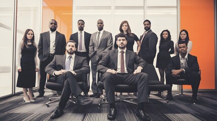 Poster - A diverse group of business professionals stand and sit in an office.