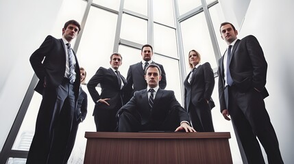 Poster - Confident business team in suits stand together in a modern office setting.