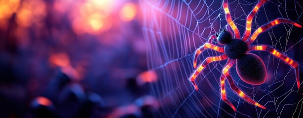 Vibrant spider creating a stunning web, set against a colorful background, showcasing nature's intricate beauty and design.