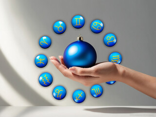 Wall Mural - mix media photo and illustration of woman hand holding a blue christmas and all zodiac signs, astrol