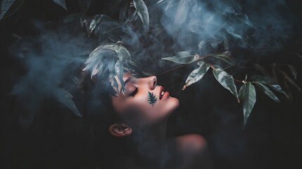 A young woman with her eyes closed, surrounded by foliage and smoke.