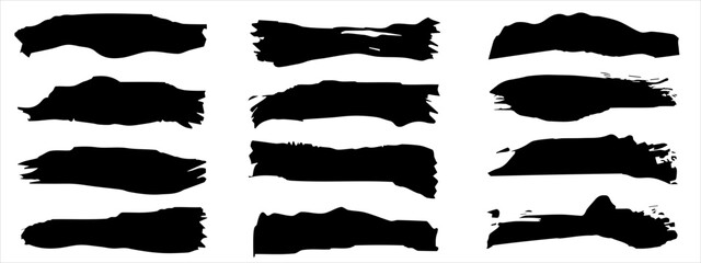 Wall Mural - Vector collection of artistic grungy black paint hand made creative brush stroke set isolated on banner background. A group of abstract grunge sketches for design education or graphic art decoration