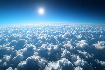 A serene view of fluffy clouds beneath a bright sun in a blue sky.