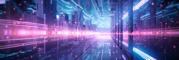 Poster - high-performance network operations in a futuristic data center with illuminated digital corridors