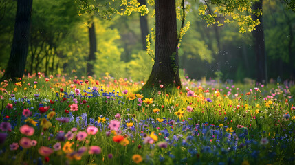 Poster - Vibrant Wildflower Meadow in a Lush Forest