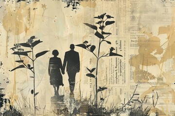 Poster - Couple walking walking ephemera border painting drawing adult.