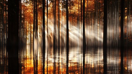 Wall Mural - sunbeams illuminate a misty forest with golden leaves and a reflecting water surface.
