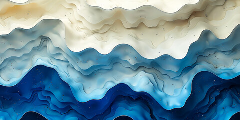 Poster - Soothing Beige and Blue Wavy Layers Background Illustrates Tranquil Ocean and Sand Concept