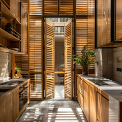 Wall Mural - A beautifully designed kitchen featuring wooden louvered doors that enhance cozy interior atmosphere. Natural light streams through, creating warm and inviting space