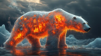 Wall Mural - a polar bear with fiery flames inside its body walking on melting ice.