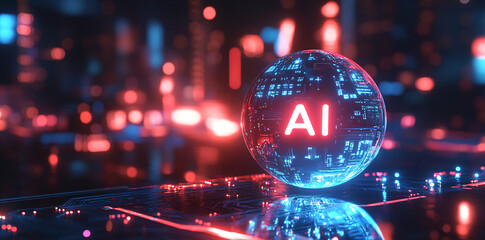 A round ball with AI text is one example of the use of artificial intelligence banner technology based on data science and innovation in Internet cyberspace.