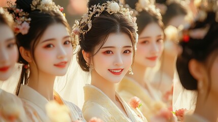 A group of young women in traditional Chinese dress smile at the camera.