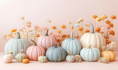 Canvas Print - Assorted pastel-colored pumpkins and dried flowers arranged on a light pink background. Autumn decor and Thanksgiving design