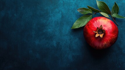 Wall Mural - A fresh pomegranate with leaves on a dark blue background.