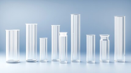 Wall Mural - clear test tubes and flasks filled with liquid are arranged on a table in a laboratory with a calmin