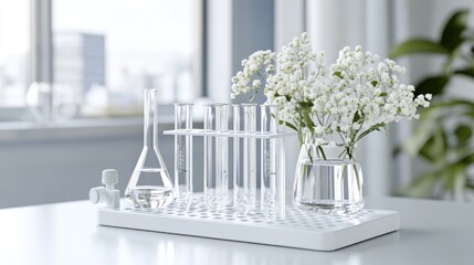 Wall Mural - clear test tubes and flasks filled with liquid are arranged on a table in a laboratory with a calmin