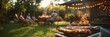 © paisorn - Backyard Barbecue Gathering, friends enjoying grilled food, laughter fills the air, blurred greenery adds a warm atmosphere