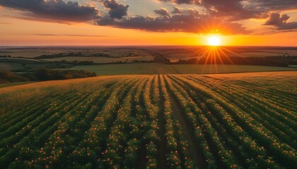 Aerial View of Golden Hour Harvest Fields Bathed in Sunset Light