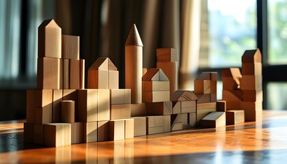 Whimsical cityscape crafted from wooden building blocks bathed in warm natural light streaming through a window