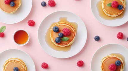 Wall Mural - A colorful arrangement of pancakes topped with berries and syrup on a pink background.