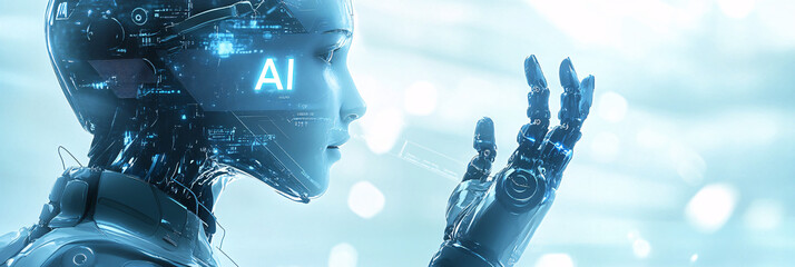 AI on a futuristic humanoid is a symbol of the concept of digital artificial intelligence, a concept in technological and innovative business, as well as in data science and cybernetics. The banner