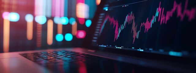 Poster - laptop displaying stock market analysis with colorful data visualizations in a dimly lit environment