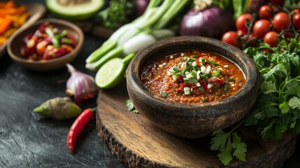 A beautiful arrangement of traditional Thai chili dip alongside seasonal vegetables, with a rustic backdrop that enhances the authenticity of the meal.