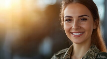 Radiant Young Female Soldier Smiling at Golden Hour