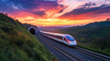 Poster - A beautiful sunset view of a high-speed train entering a tunnel, with vibrant colors in the sky contrasting with the dark entrance, capturing the end of the day.