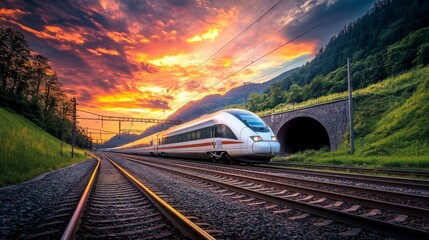 Poster - A beautiful sunset view of a high-speed train entering a tunnel, with vibrant colors in the sky contrasting with the dark entrance, capturing the end of the day.