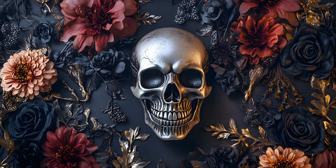 Poster - Halloween banner with skull and flowers, gothic, black and silver, wide, copyspace