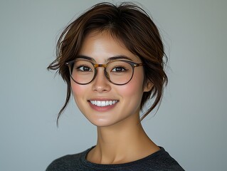 Wall Mural - A smiling young woman with glasses against a neutral background.