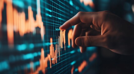 Poster - a person interacts with a financial data chart on a digital screen during a trading session at a mod