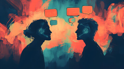 healthy relationship deep conversation vulnerable confusion social concept 2 person communication chat bubbles minds artwork digital painting illustration mental health two human beings communicating 