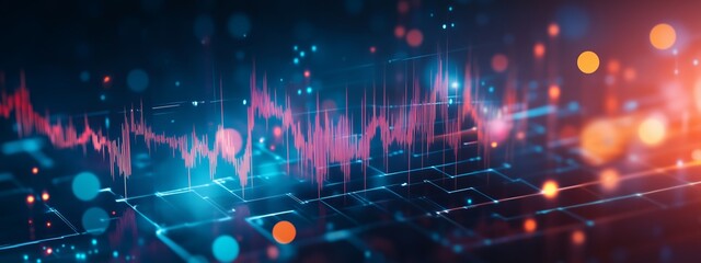 Poster - Dynamic visualization of sound waves with colorful elements in a digital environment at night, illustrating audio signals and technology