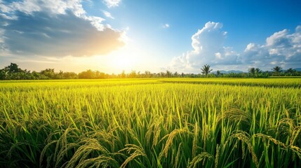 Poster - A breathtaking view of lush green rice fields stretching to the horizon, with golden grains ready for harvest under a bright blue sky, showcasing the beauty of rural life.