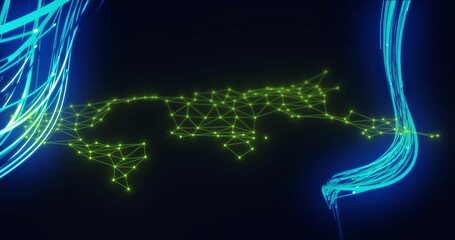 Poster - Image of network of connections with light trails over world map