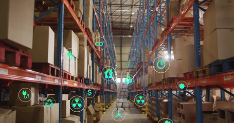 Poster - Image of ecology icons over warehouse
