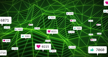 Canvas Print - Image of network of connections with numbers and icons over green mesh