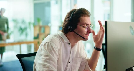 Aufkleber - Man, call center and stress by computer with talking, reading or frustrated for tech support in office. Person, consultant or agent by pc, confused and question for customer care at telemarketing job