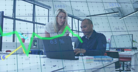 Poster - Image of financial data processing over diverse business people in office