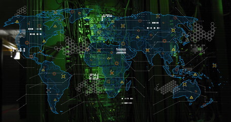 Poster - World map with data points and network connections image over server room background