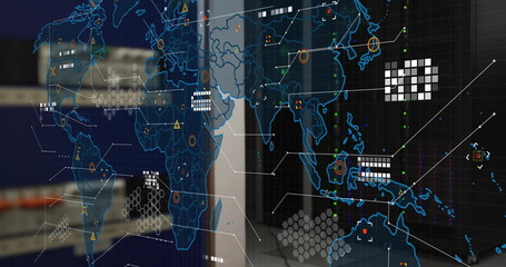  - World map with data points and network connections image over office background
