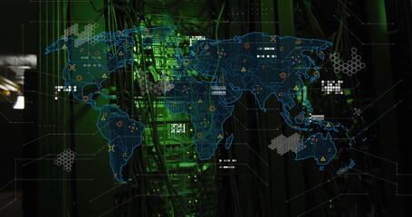 Poster - World map with data points and network connections image over server room