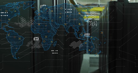 Sticker - Global network connections and data processing image over server racks in data center