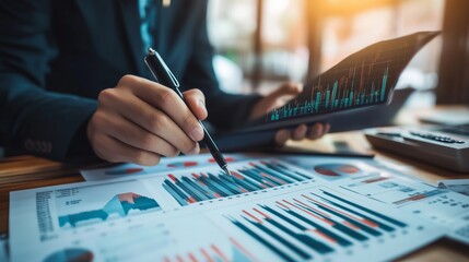 Poster - Analyzing financial data with charts and graphs in an office setting during the afternoon
