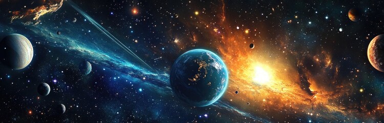 Wall Mural - concept of space with earth, moon, and sun in the center of a galaxy background.